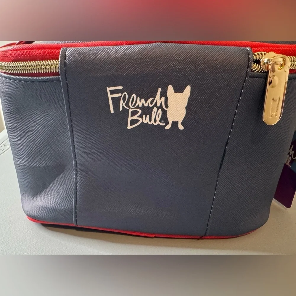 French bull Love Heart navy blue and Red Women's train case cosmetic Bag